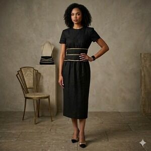 Black Midi Dress Short Sleeve Gold Chain Belted Waist‎ Formal Cocktail Sz 10 M